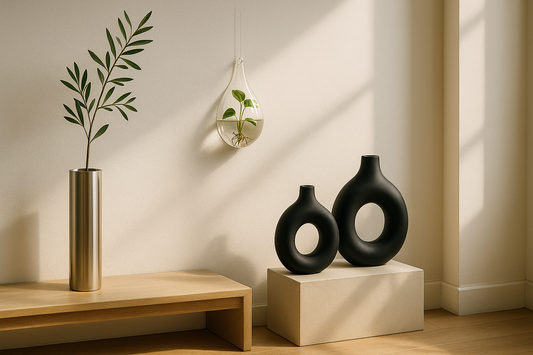 Sunlit hallway featuring a stainless steel vase with a single branch, a hanging glass terrarium, and a sculpted matte vase on a low plinth.