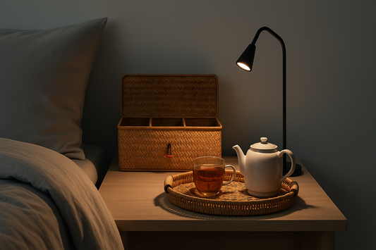 Nightstand vignette with seagrass basket, rattan tray holding mug and glasses, and slim LED book-light clipped to hardcover under cool white bedding.