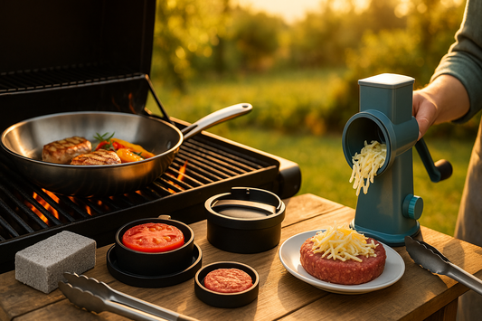 stainless wok on grill, burger press with patties, rotary grater shredding cheese, and pumice brick resting beside tongs.