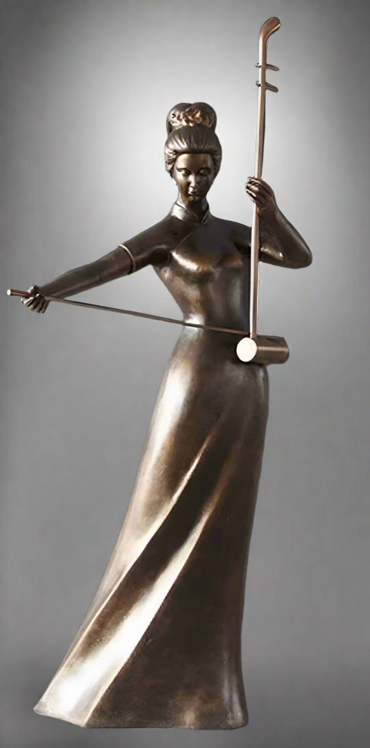 Bronze statue of a woman holding a erhu on a gray background