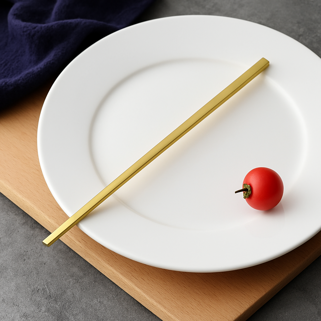 White plate with gold chopsticks and a red tomato on a wooden board.