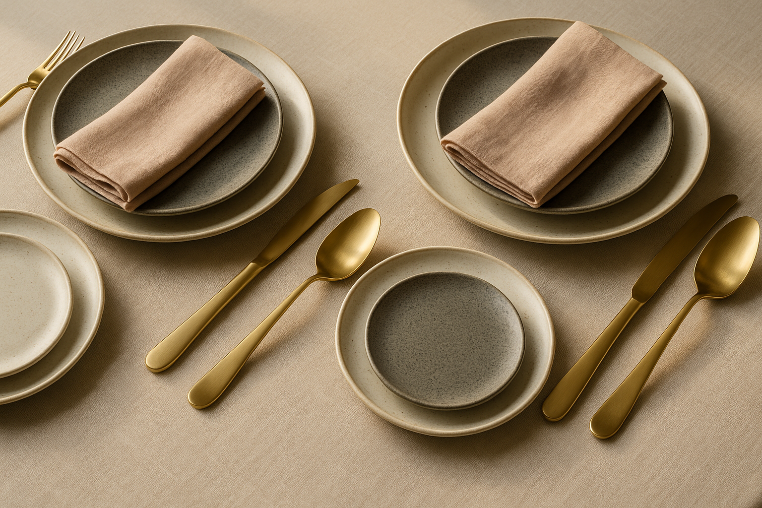 Dining table setting with ceramic plates, gold cutlery, and pink napkins on a beige surface.
