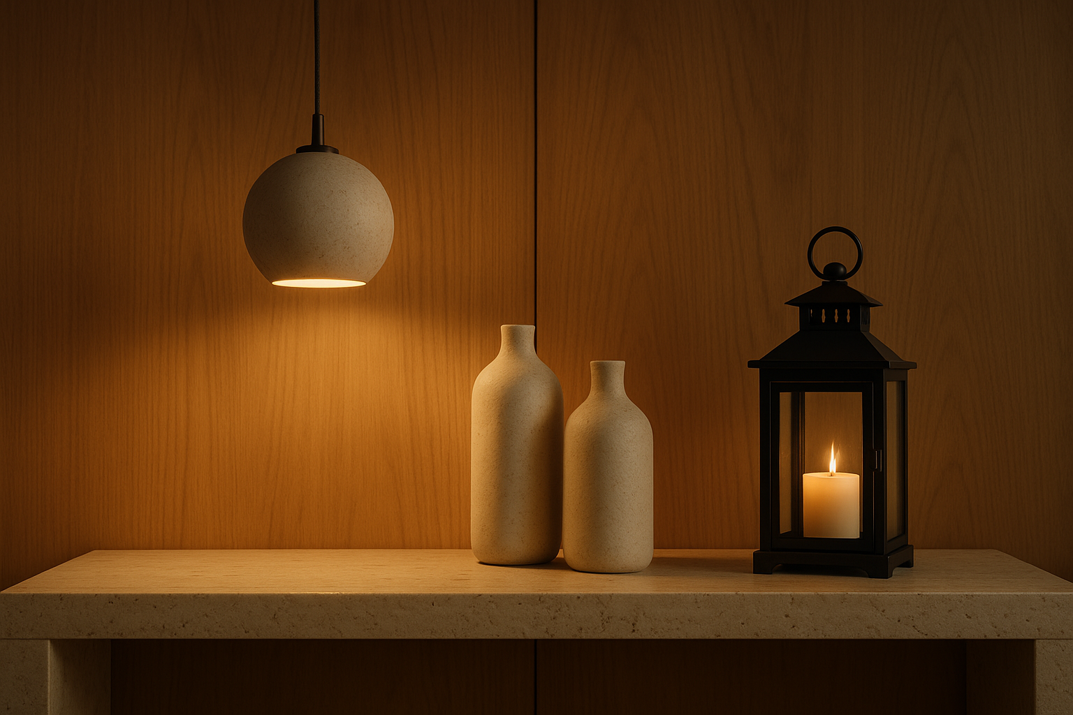 Two beige bottles and a black lantern with a lit candle on a wooden surface against a wooden wall.