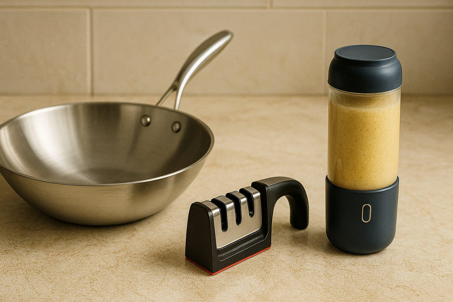 Kitchen items including a wok, knife sharpener, and portable blender on a tiled surface.