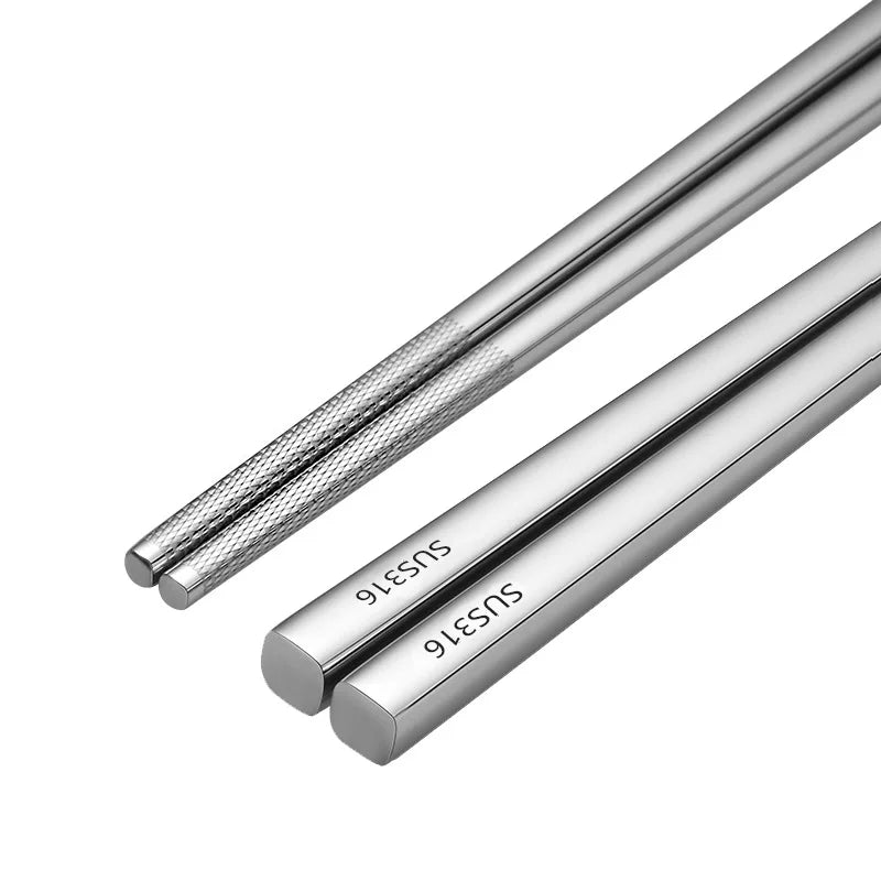 Pair of silver chopsticks with 'SUS316' branding on a white background