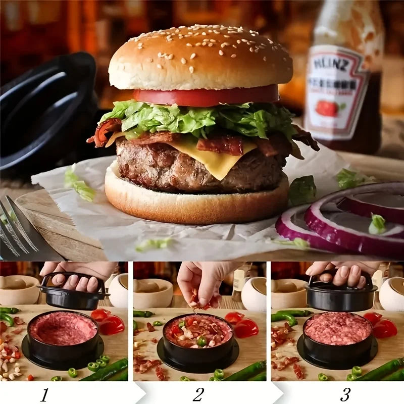Collage of a burger with ingredients and preparation steps on a wooden board.