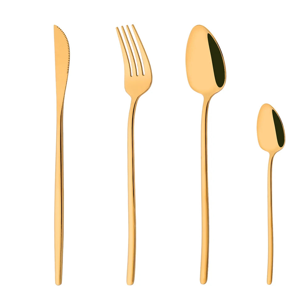 Set of gold cutlery including a knife, fork, and two spoons on a white background