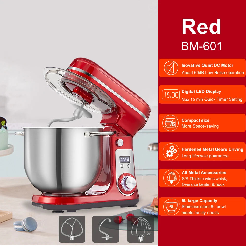 Red stand mixer with features listed on a red background