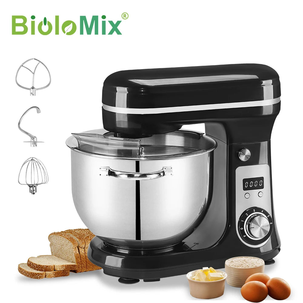 Black stand mixer with stainless steel bowl and attachments on a white background, featuring the BioloMix brand.