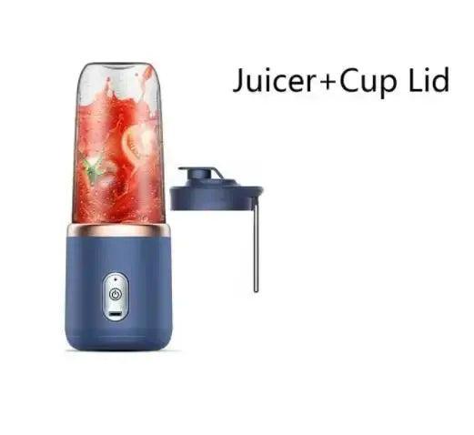 Blue portable juicer with a cup lid on a white background