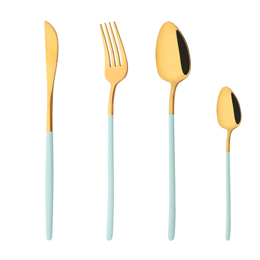 Set of gold cutlery with light blue handle including knife, fork, and two spoons on a white background