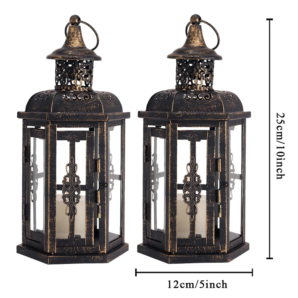 Two black decorative lanterns with measurements on a white background: 12cm x 12cm hexagonal base, 25cm height
