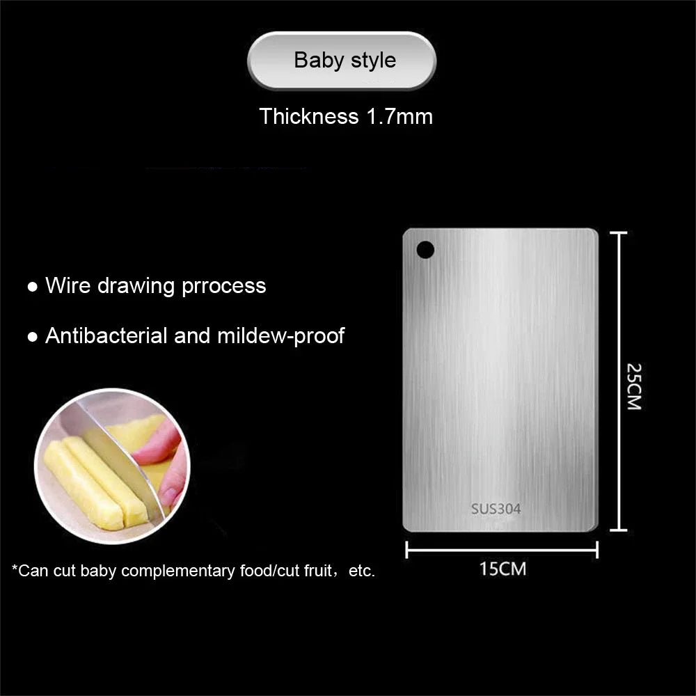 Stainless steel cutting board with dimensions: 25cm x 15cm, 1.7mm thickness. Features on a black background