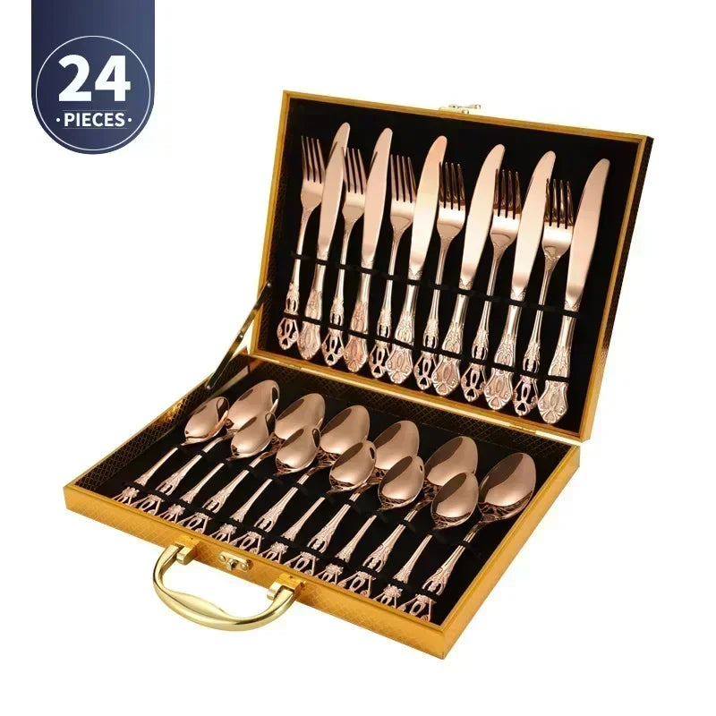 24-piece silverware set in a gold case with '24 Pieces' label.