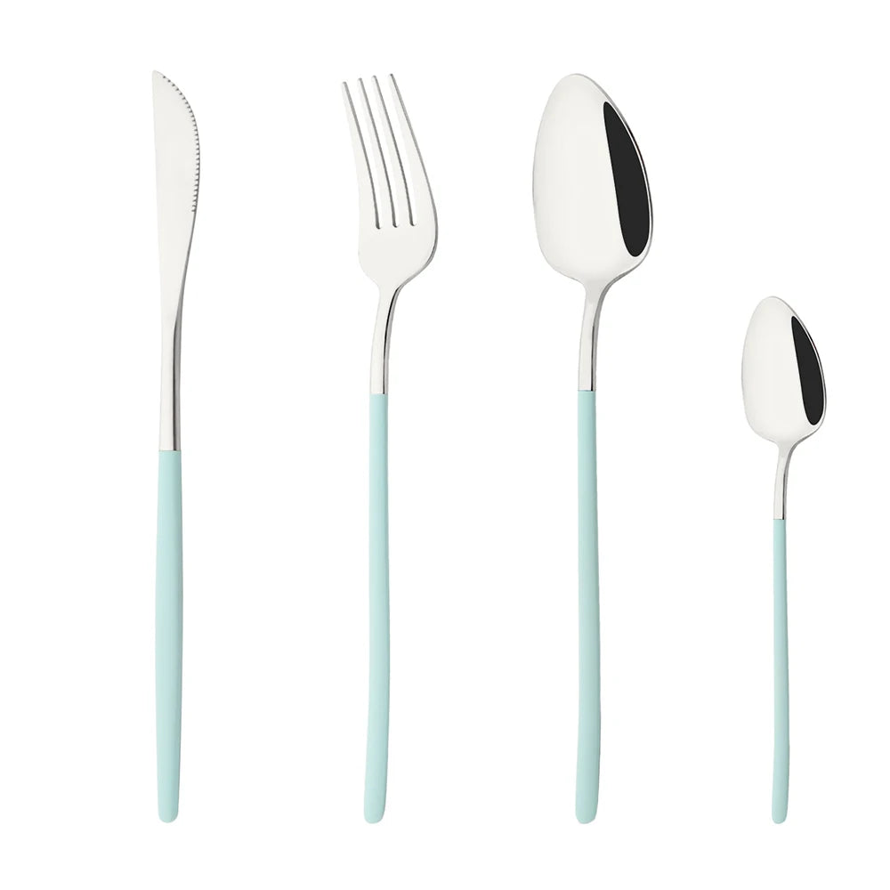 Set of silver cutlery with light blue handles on a white background