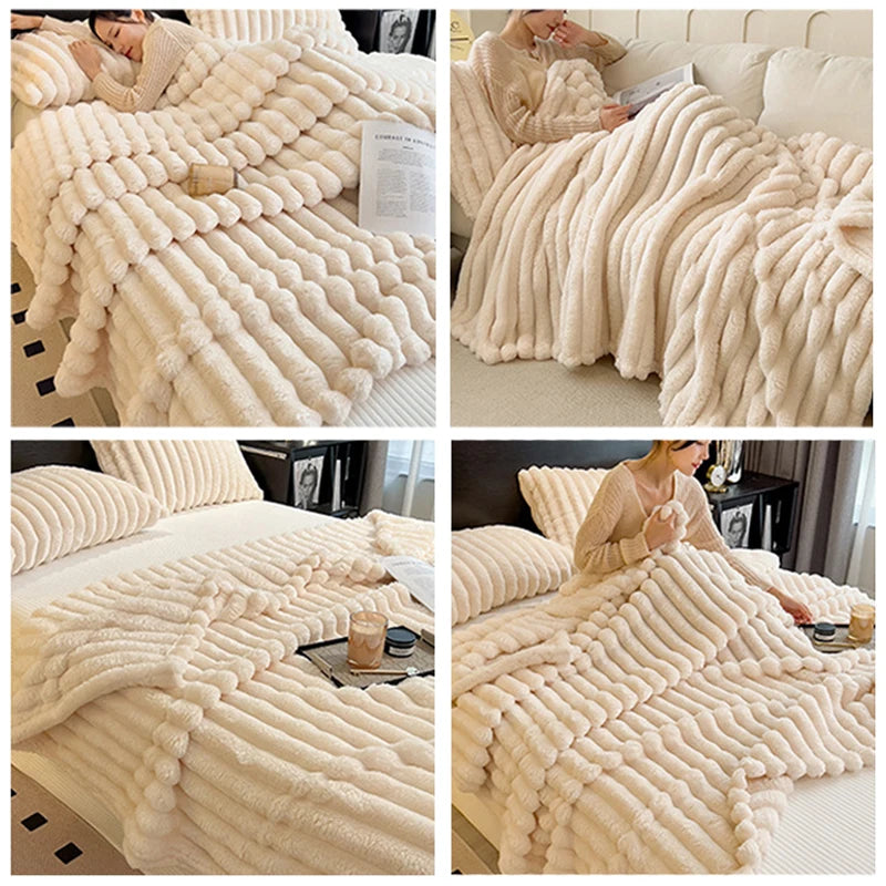 Collage of a person using a fluffy beige blanket in various settings.