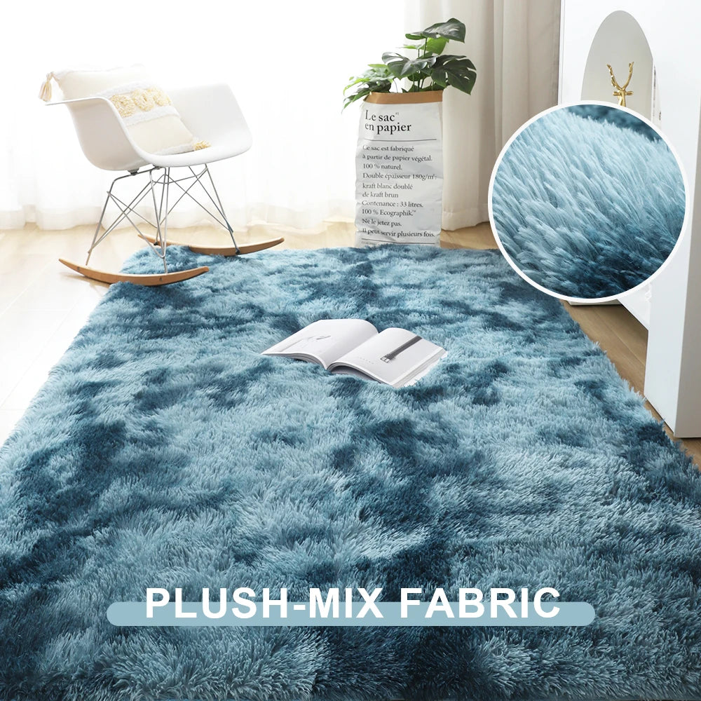 Blue plush-mix rug in a room with a chair and plant, labeled 'Plush-Mix Fabric'.