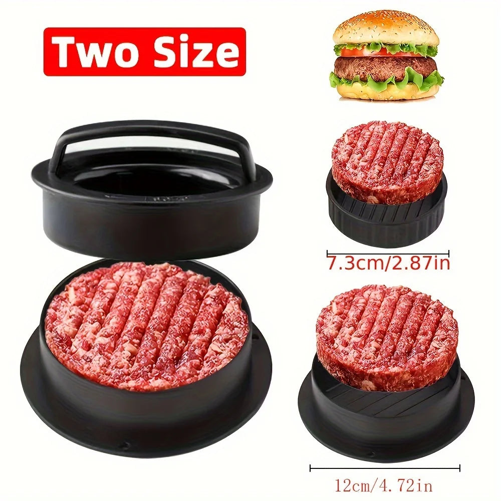 Hamburger press with two sizes of ground beef patties on a white background