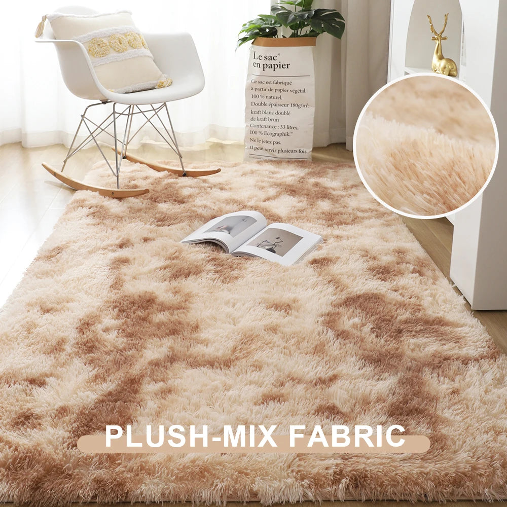Beige plush-mix rug with a close-up of the fabric texture in a room setting.