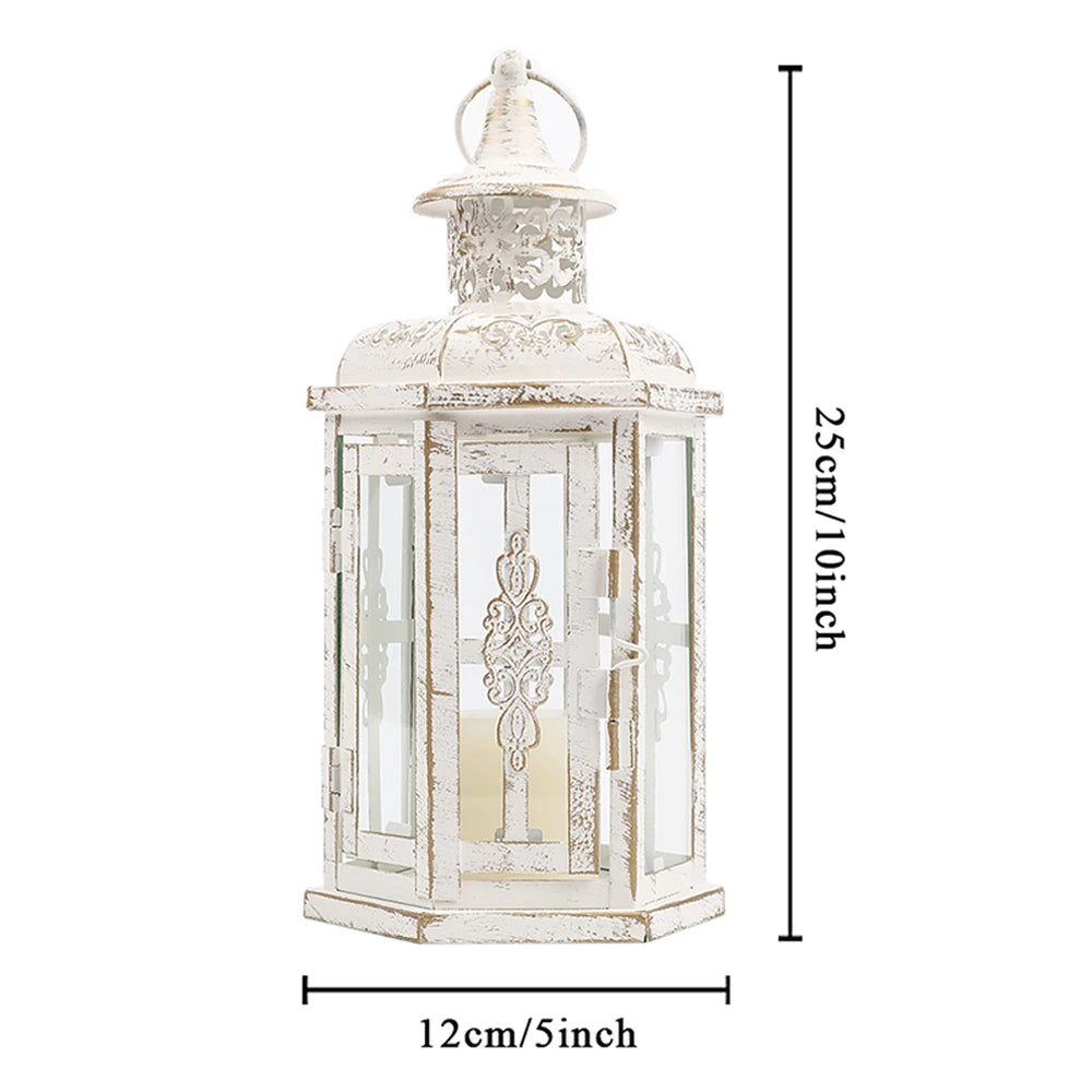 White decorative lantern with dimensions: 12cm x 12cm hexagonal base, 25cm height