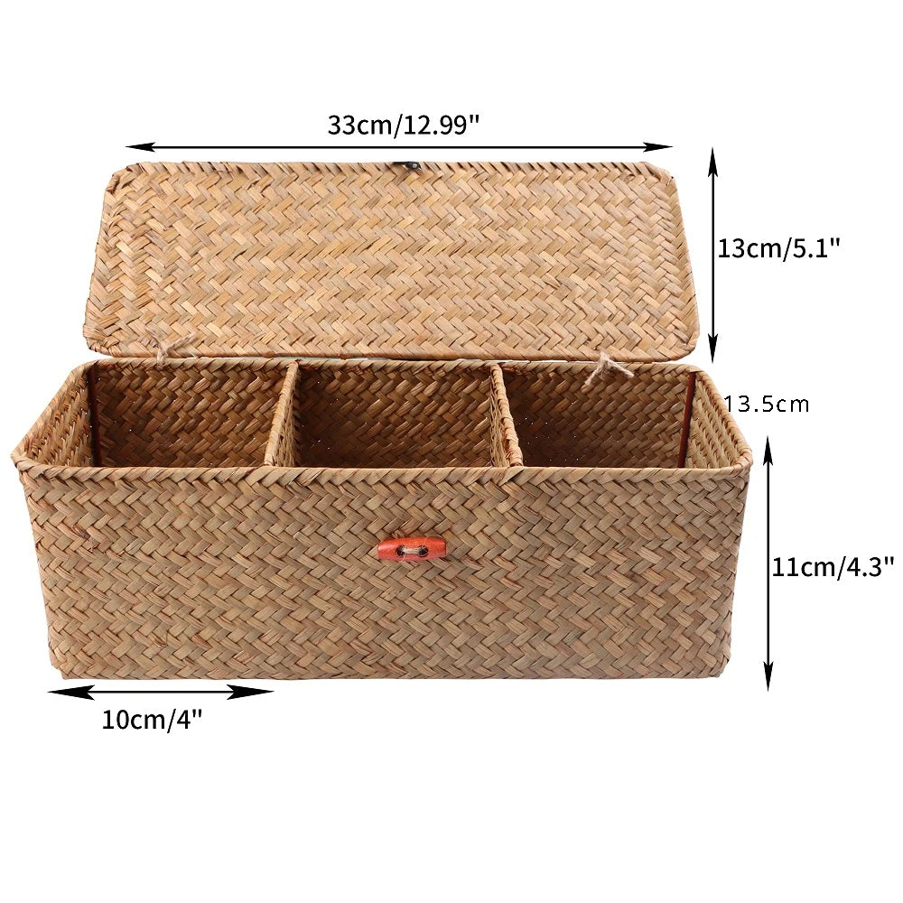 Woven storage basket with compartments and dimensions: 33 × 11 × 13.5 cm