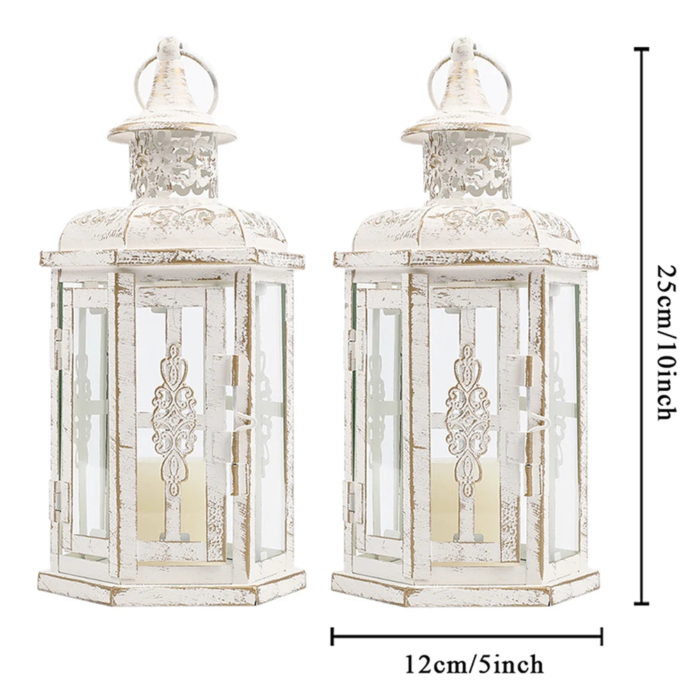 Two white decorative lanterns with intricate designs on a white background, accompanied by measurements: 12cm x 12cm hexagonal base, 25cm height