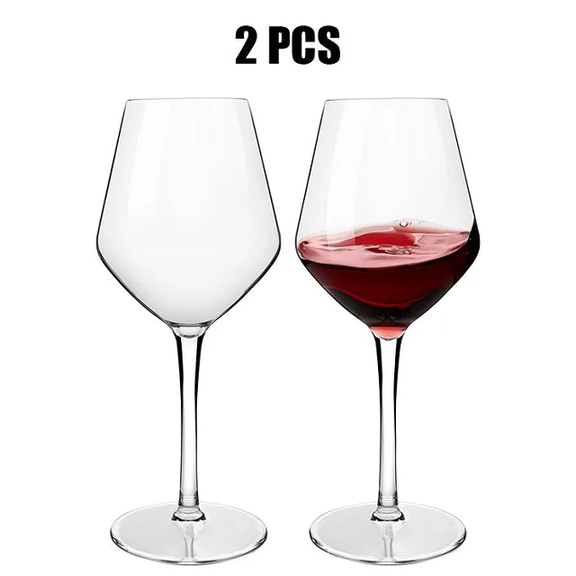 Two wine glasses, one filled with red wine, on a white background with '2 PCS' text above.