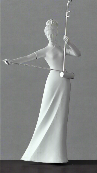 White 1.76 m resin statue of a woman playing a erhu instrument; lateral width 86 cm, front–back depth 55 cm; base 65 cm wide × 40 cm deep.