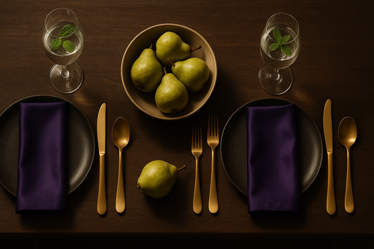 Minimalist dining table at dusk with gold cutlery, crystal glasses, and satin napkins set for four