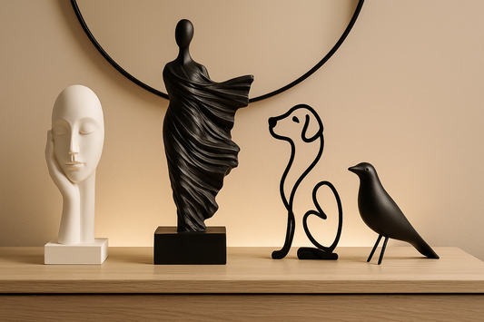 Bright hallway console with black and white minimalist sculptures under soft ambient light.