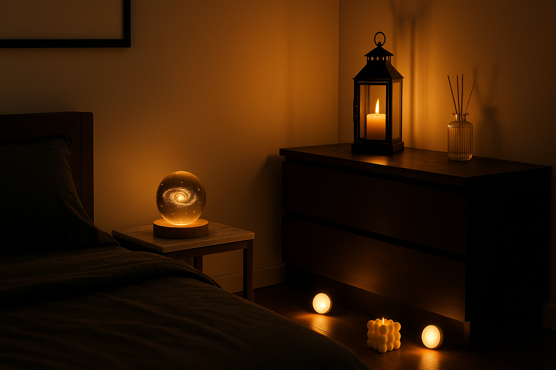 Minimalist black-and-white bedroom with warm night lights, galaxy lamp, bubble cube candle, and glass lantern softly glowing at dusk.