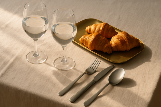 Gold tray with croissants, Tritan wine glasses, and satin steel flatware on a linen-draped table under morning light.