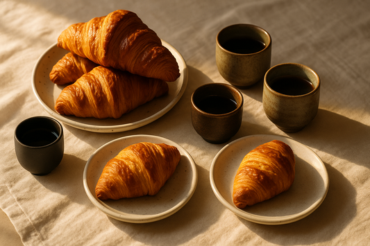 Morning brunch scene: layered neutral ceramic plates with croissants, coffee and soft sunlight on linen.