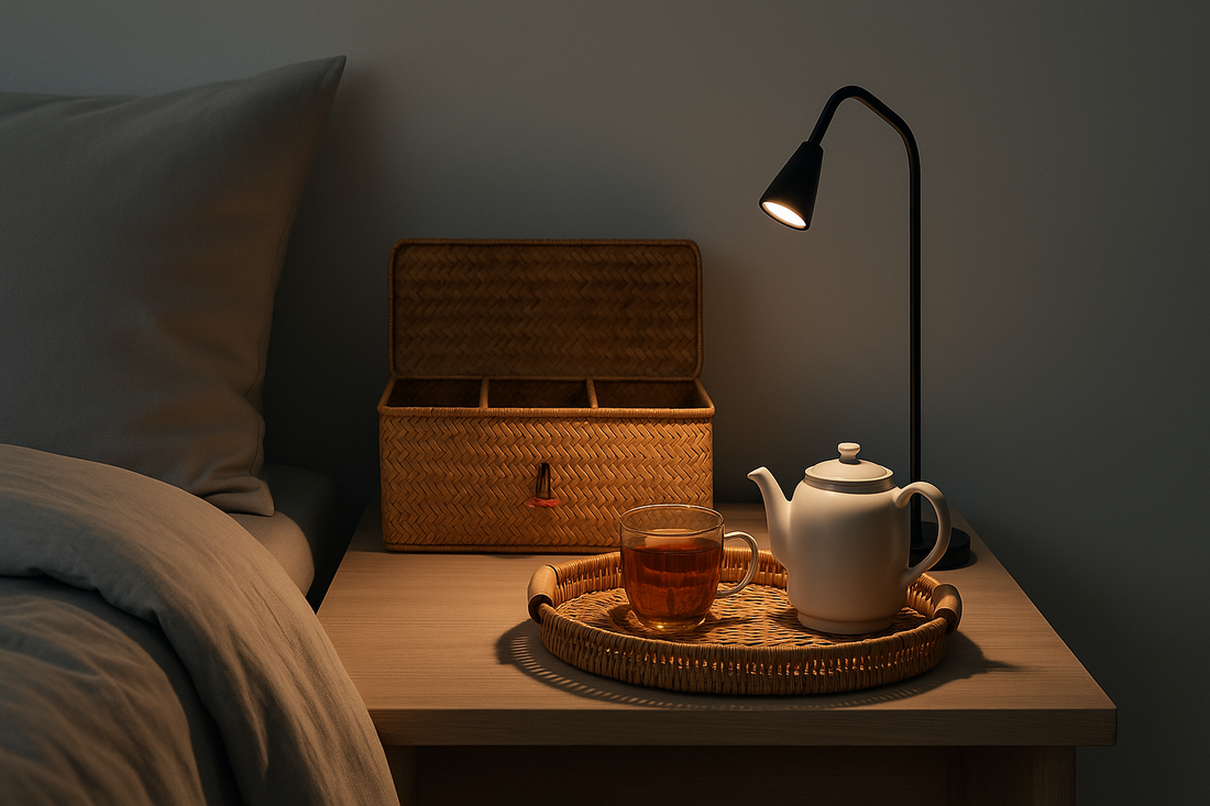 Nightstand vignette with seagrass basket, rattan tray holding mug and glasses, and slim LED book-light clipped to hardcover under cool white bedding.