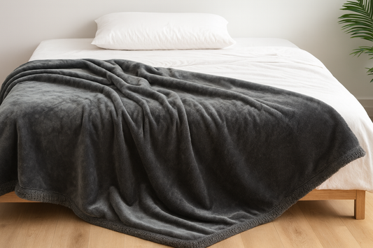 Bedroom queen-bed with thick grey shag and memory-foam cervical pillow