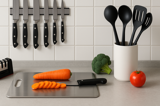 Light countertop with stainless-steel board, sliced carrot and knife; black-red sharpener left; magnetic strip with six knives on white tiles; black silicone utensils in white holder, broccoli and tomatoes right