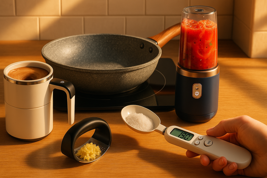 Ceramic wok on induction hob, portable blender blending sauce, and digital spoon scale measuring salt under warm evening light