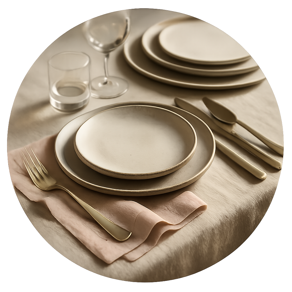 Set of dining containing ceramic plates, wine glass, golden cutlery and a pink napkin