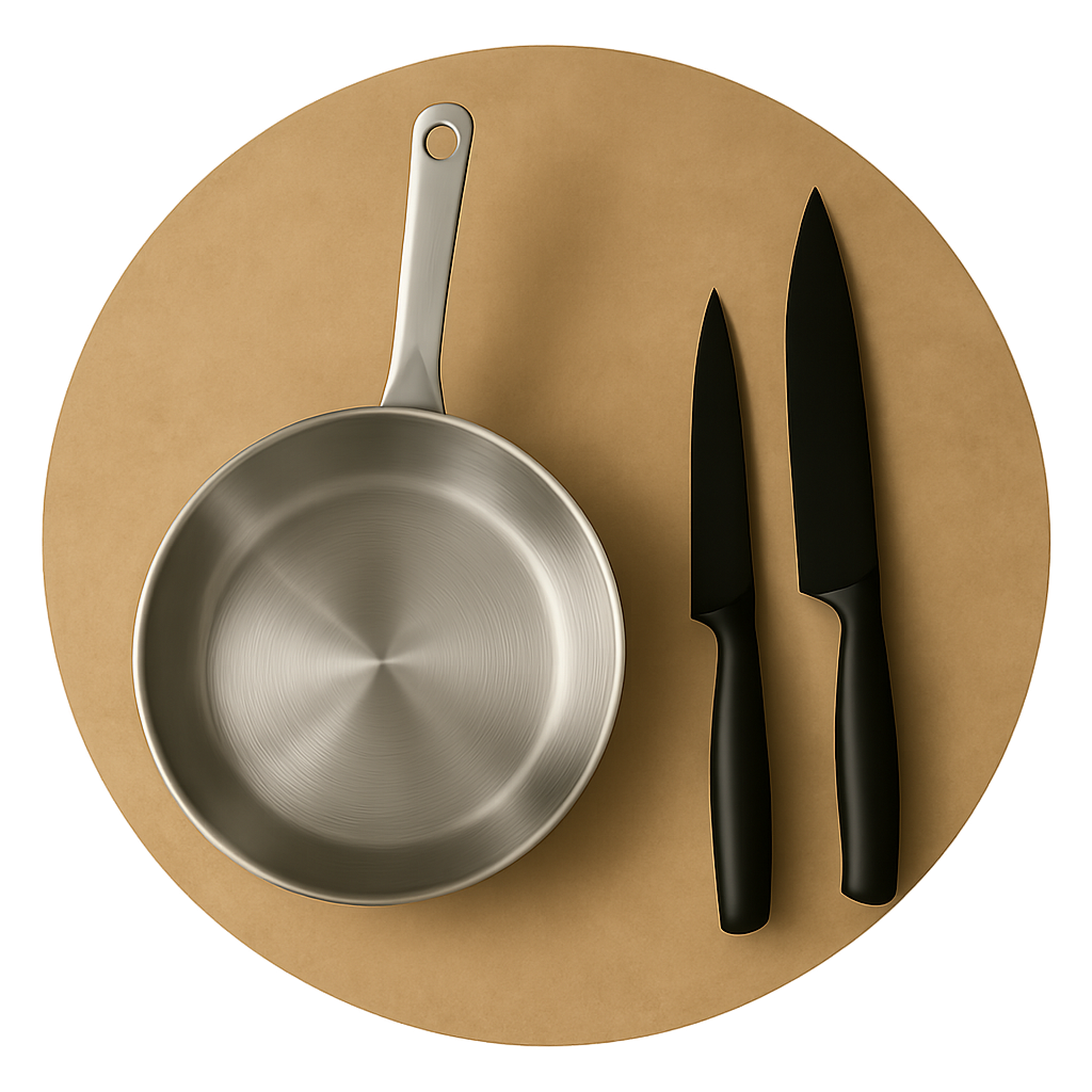 A frying pan and two black knifes