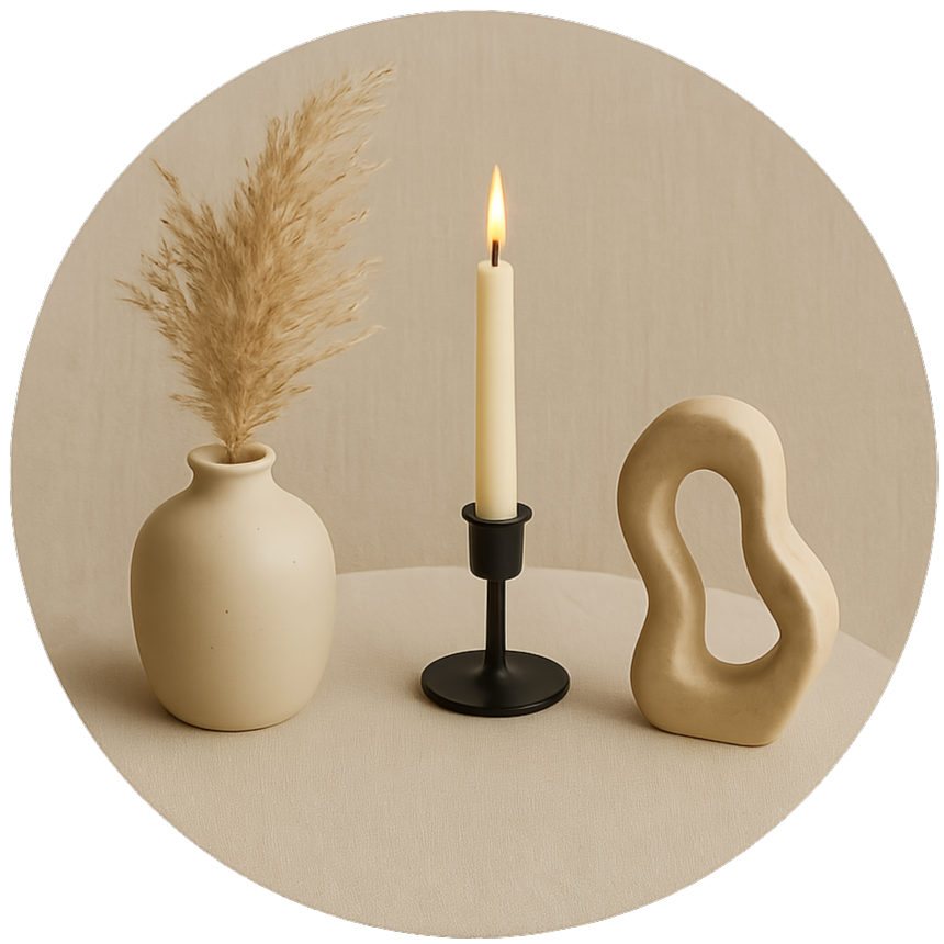 A ceramic plate, candle on a candle holder and a abstract sculpture