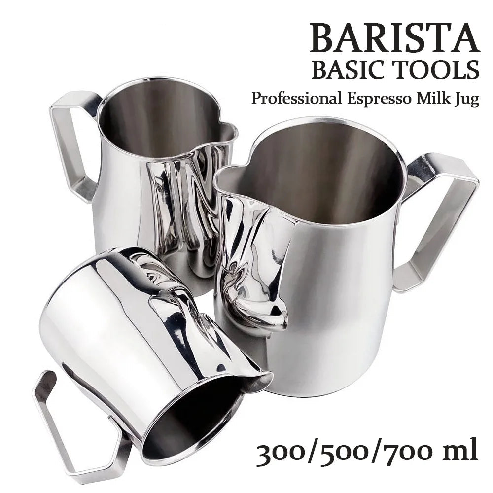 Set of three stainless steel espresso milk jugs on a white background.