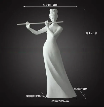 White 1.76 m resin statue of a woman playing a flute; lateral width 115 cm, front–back depth 46 cm; base 65 cm wide × 40 cm deep.

