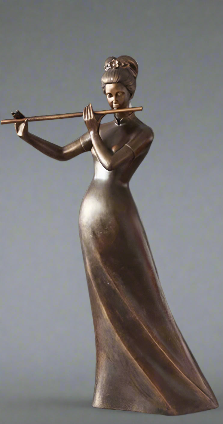 Bronze 1.76 m resin statue of a woman playing a flute; lateral width 115 cm, front–back depth 46 cm; base 65 cm wide × 40 cm deep.

