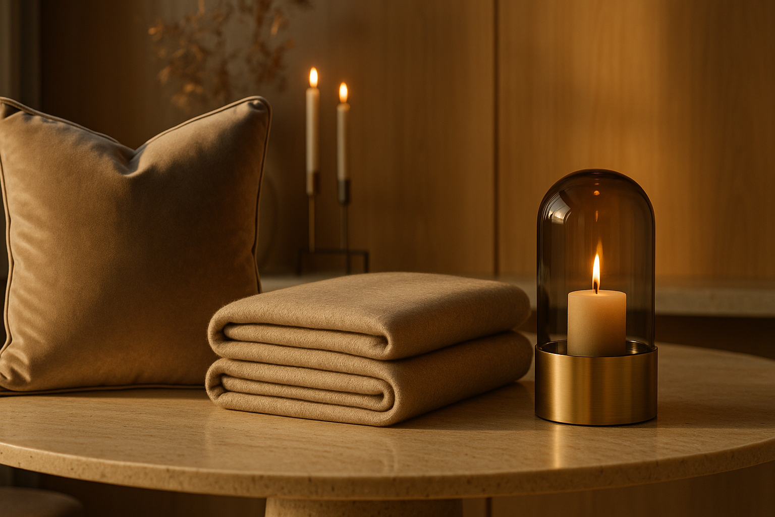 Folded beige blanket and candle on a wooden table with a warm ambiance