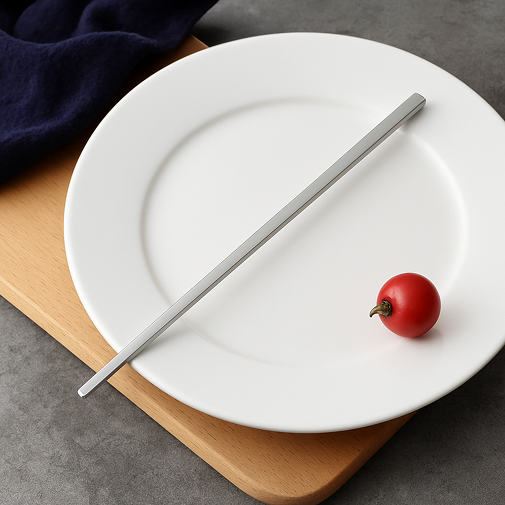 Metallic chopstick on a white plate with a red fruit on a wooden board.