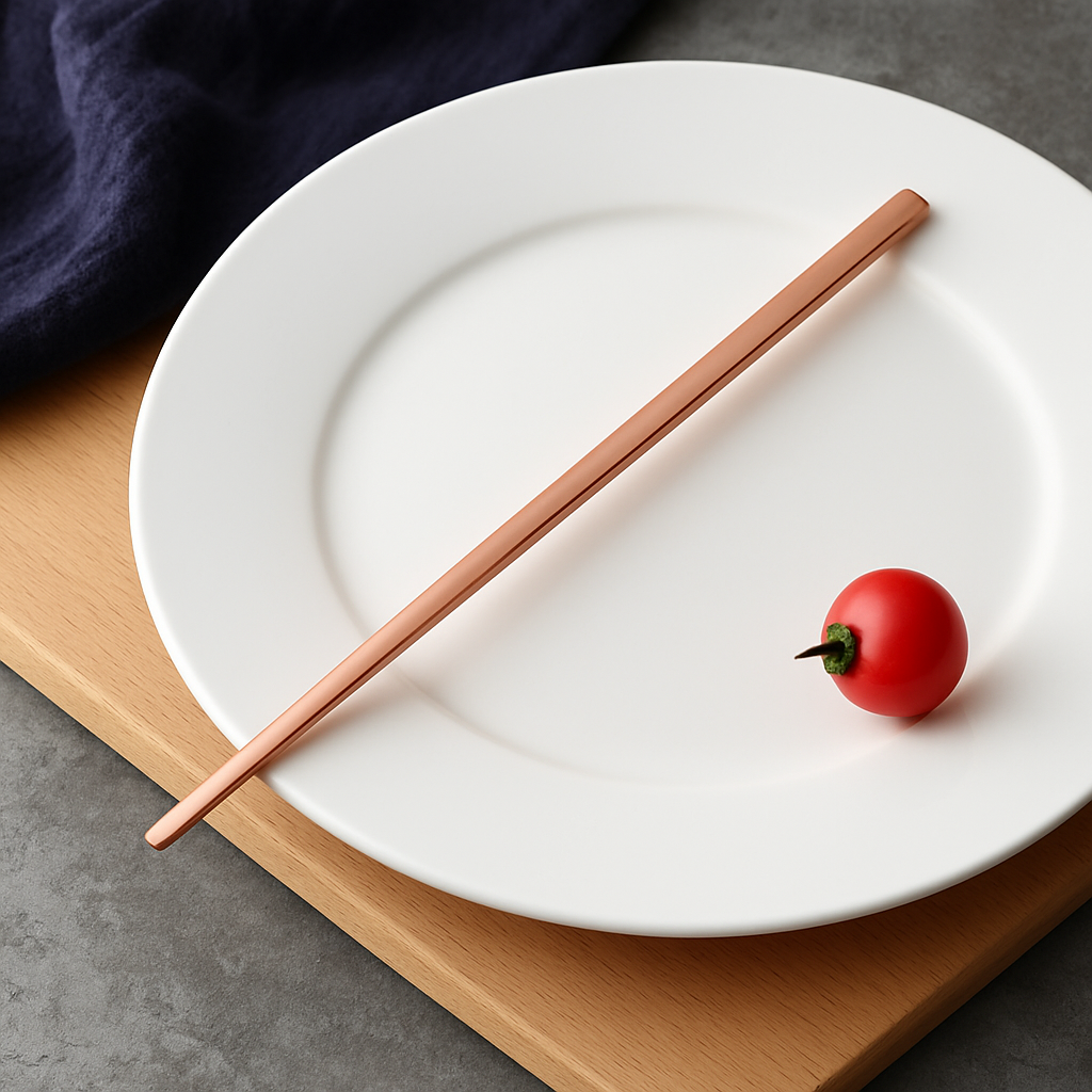 White plate with rose-gold chopsticks and a red tomato on a wooden board.