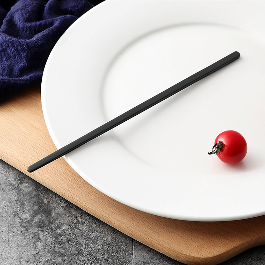 White plate with black chopsticks and a red cherry on a wooden board.