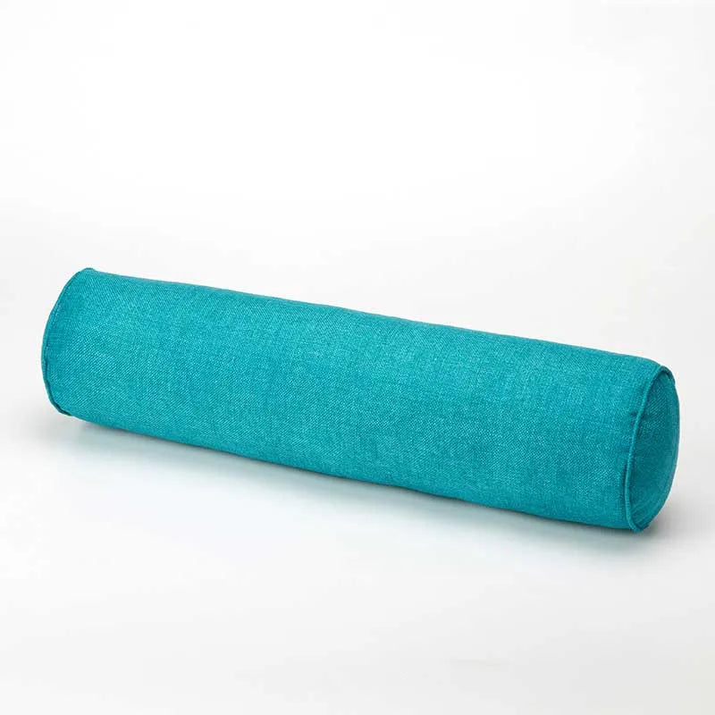 Cyan cylindrical fabric pillow on a white background