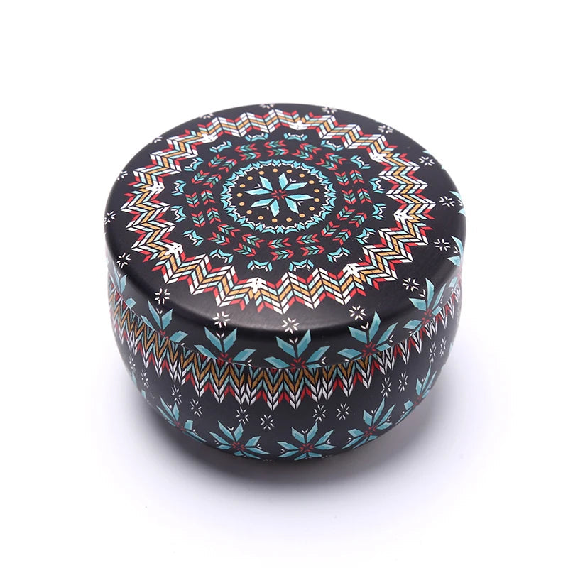 Round decorative box with a colorful pattern on a white background