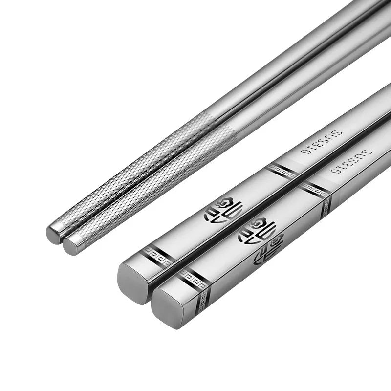Pair of silver chopsticks with 'SUS316' branding on a white background